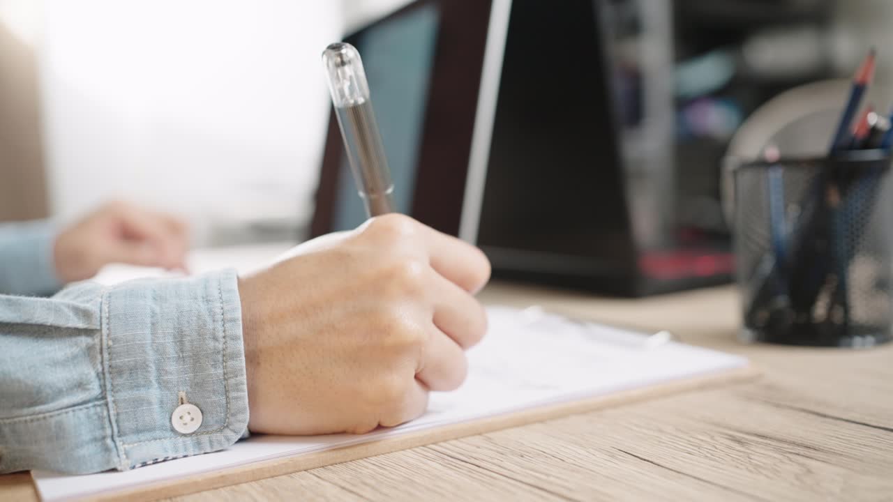 fotografía de cerca de las manos de una mujer de negocios escribiendo en el teclado de una computadora portátil para buscar información, soporte de comunicación en línea, investigación de mercadotecnia, informe de negocios en el escritorio de la oficina por la noche.