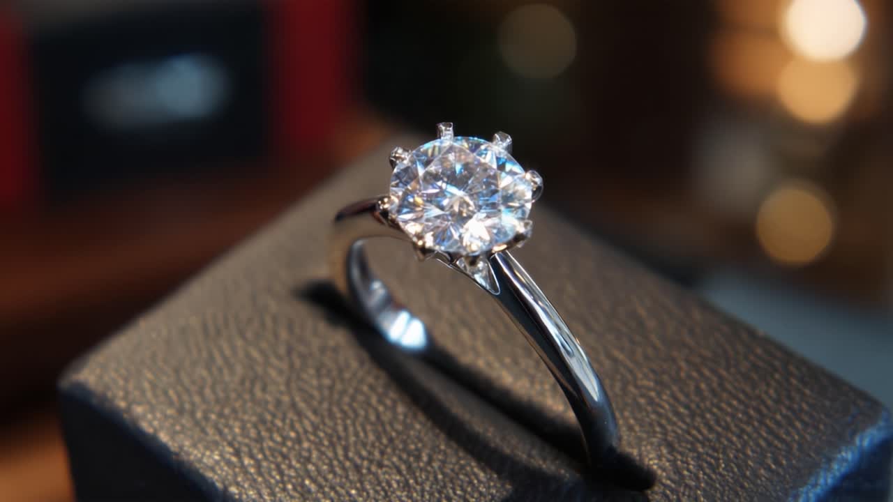 Un primo piano mozzafiato di un anello di fidanzamento con diamante, che mette in risalto il suo taglio brillante e il design squisito, perfetto per immortalare momenti d'amore e impegno.