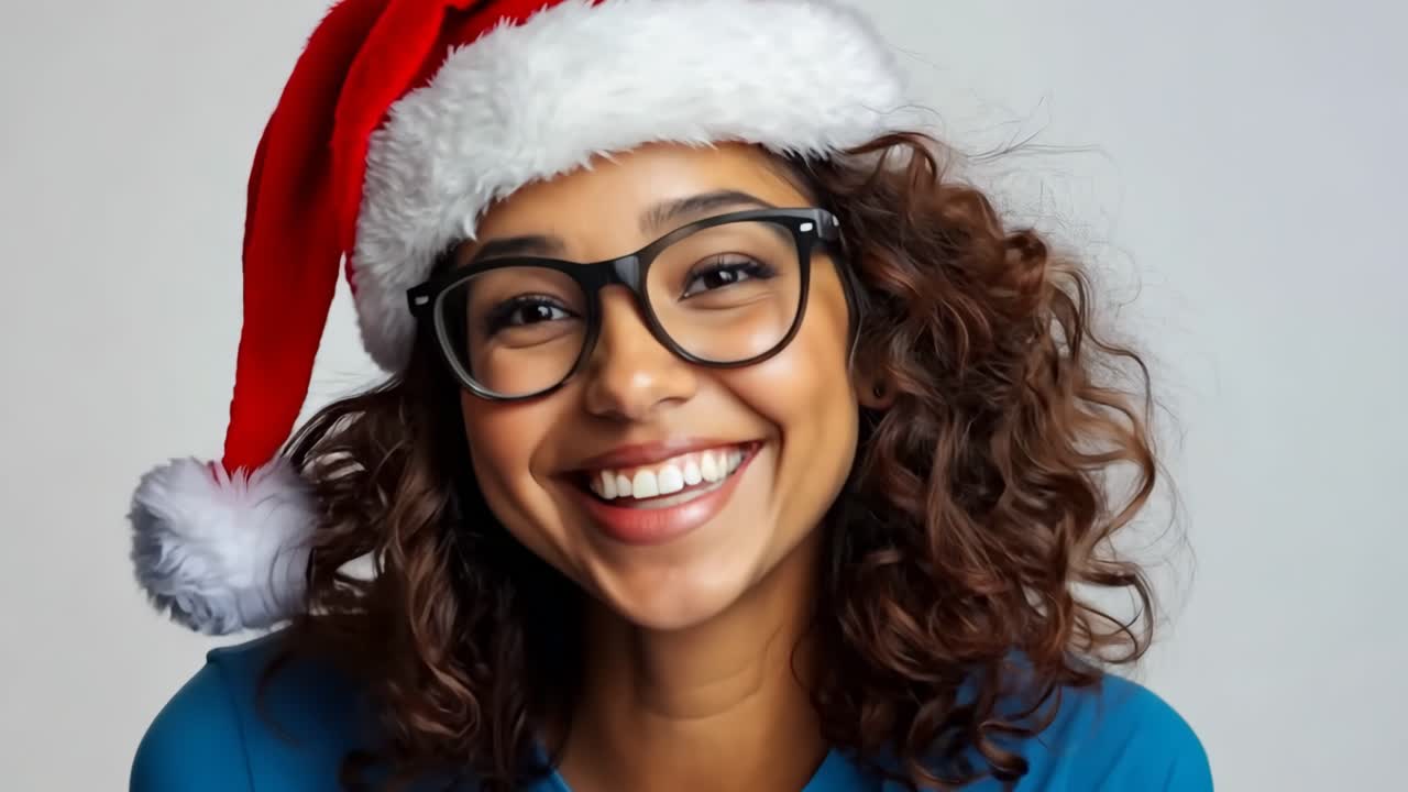 una mujer con gorro de Papá Noel y gafas