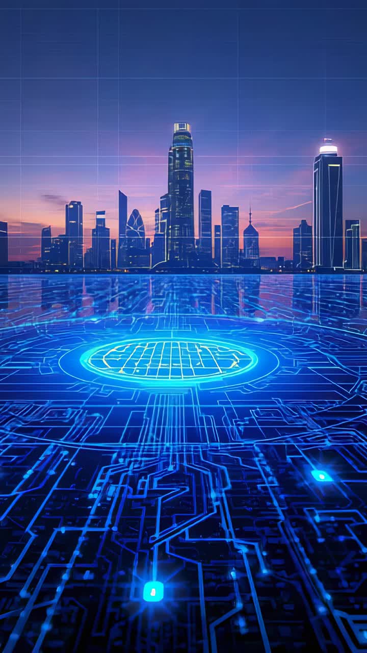 Vertical video: AI hologram emerging on pulsing circuit at waterfront, forming spinning globe