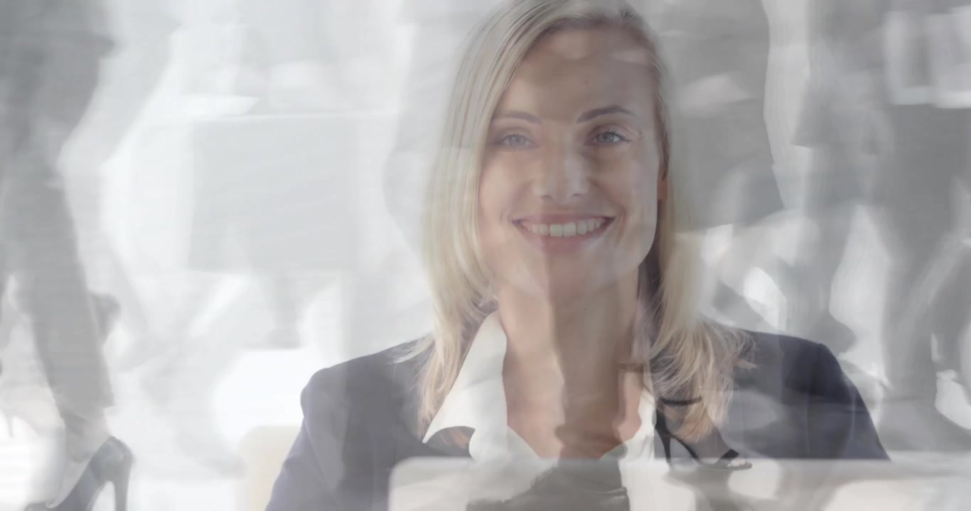Vertical video: Crossfading woman at desk in business legs circling laptop raising head centering
