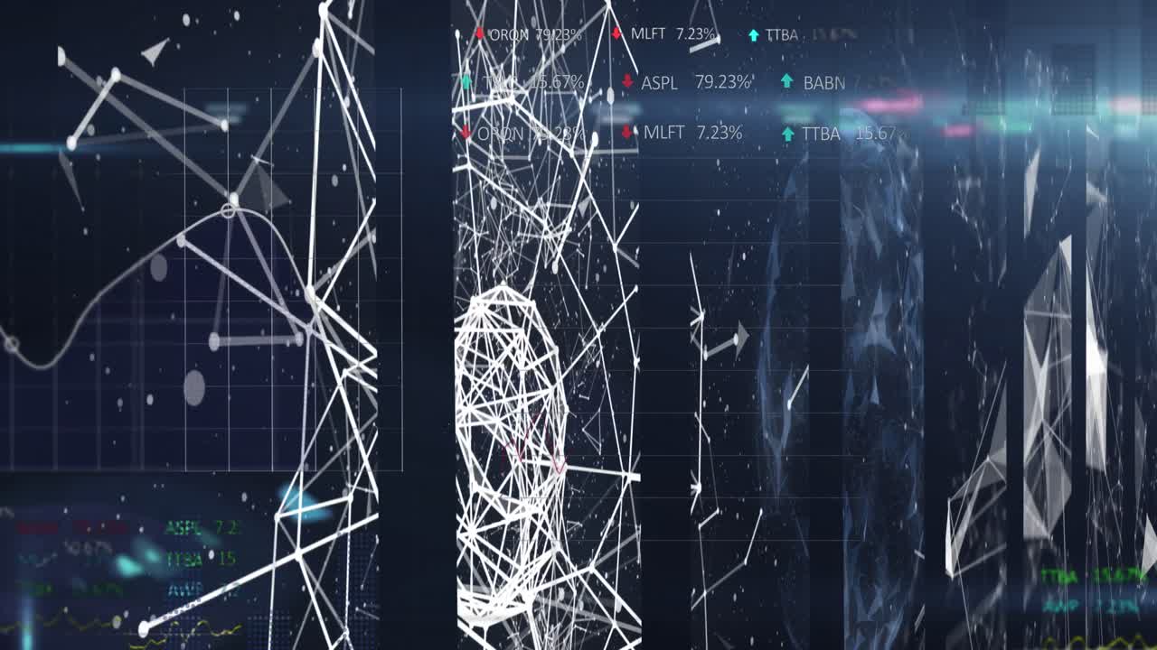 Animation of data processing and network of connections on black background