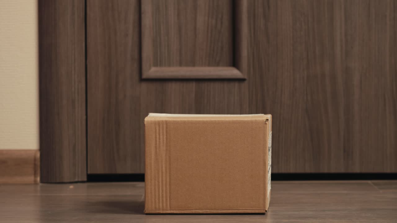 Food and goods delivery box, contactless online shopping, volunteer courier delivers parcel a to door of home, door to door deliver, e-commerce purchase.