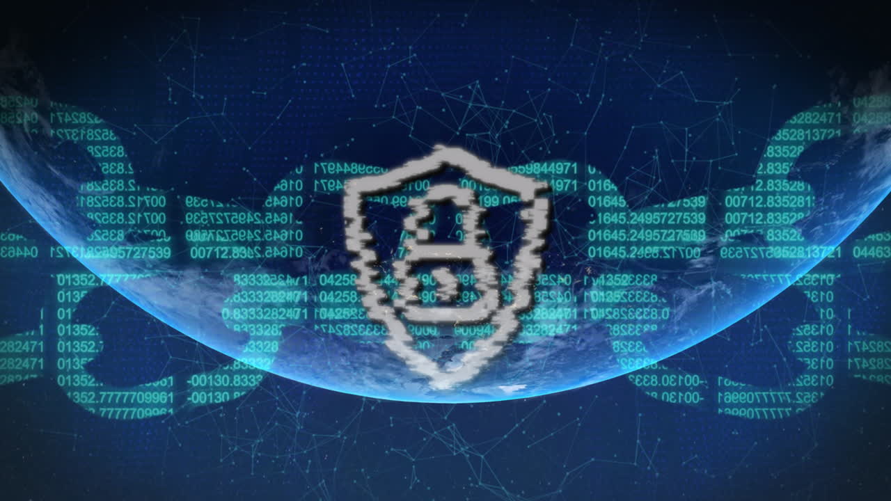 전 세계에 걸쳐 디지털 락 아이콘과 체인의 네트워크의 애니메이션