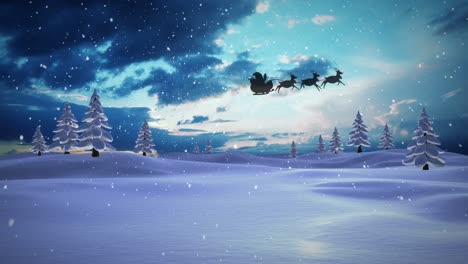 Animation-of-father-christmas-in-sleigh-silhouette-flying-over-snowy-winter-scenery