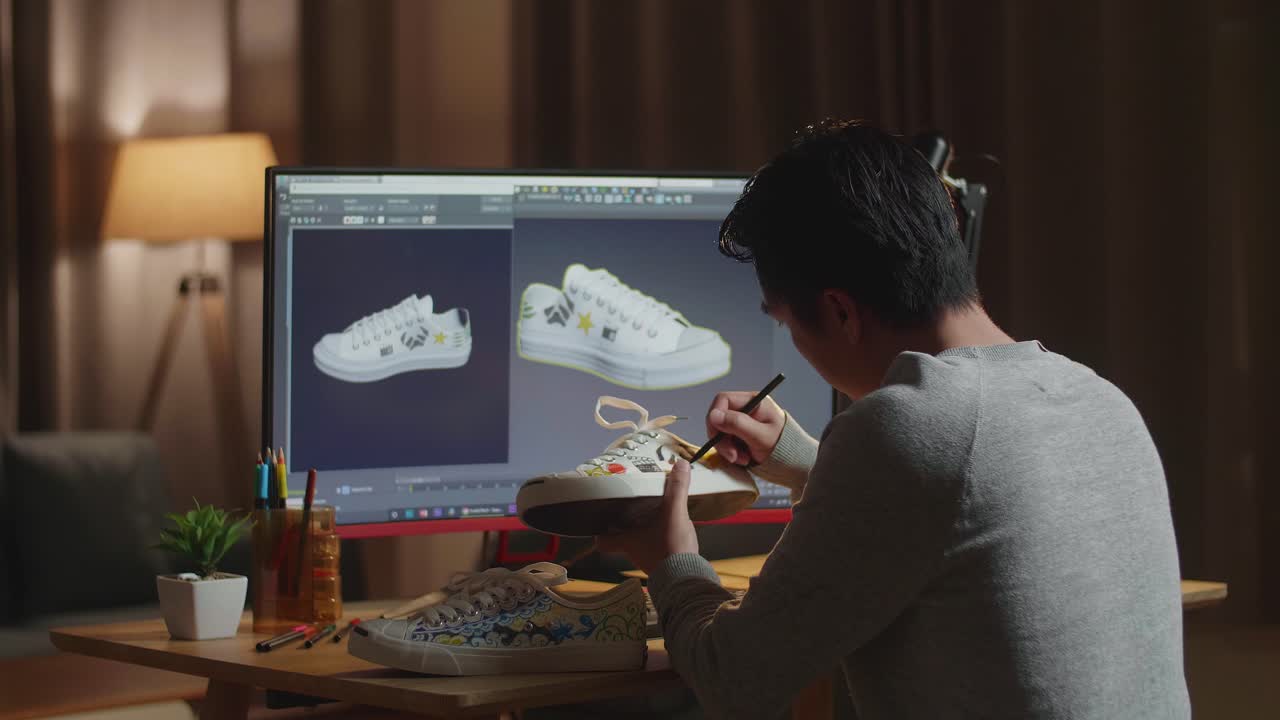 사용자 정의 운동화 디자인을 작업하는 디자이너
