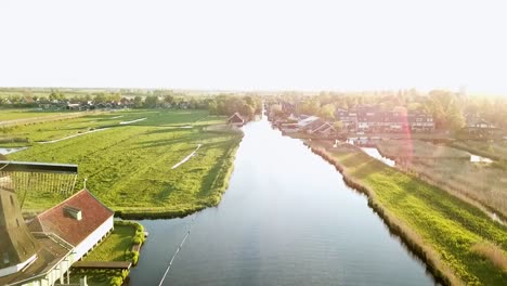 Aerial-drone-view-of-a-Dutch-windmill,-Zaanstad,-The-Netherlands