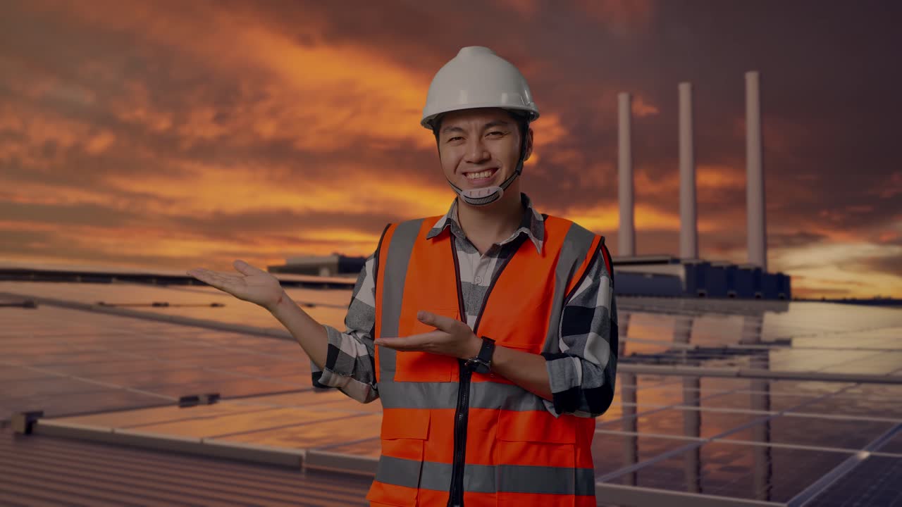 Asian Male Engineer With Safety Helmet Smiling And Pointing To Side While Standing, Inspecting Solar Panels on Rooftop at Sunset