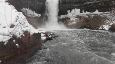 showing a waterfall and river from a low angle during a cloudy winter day