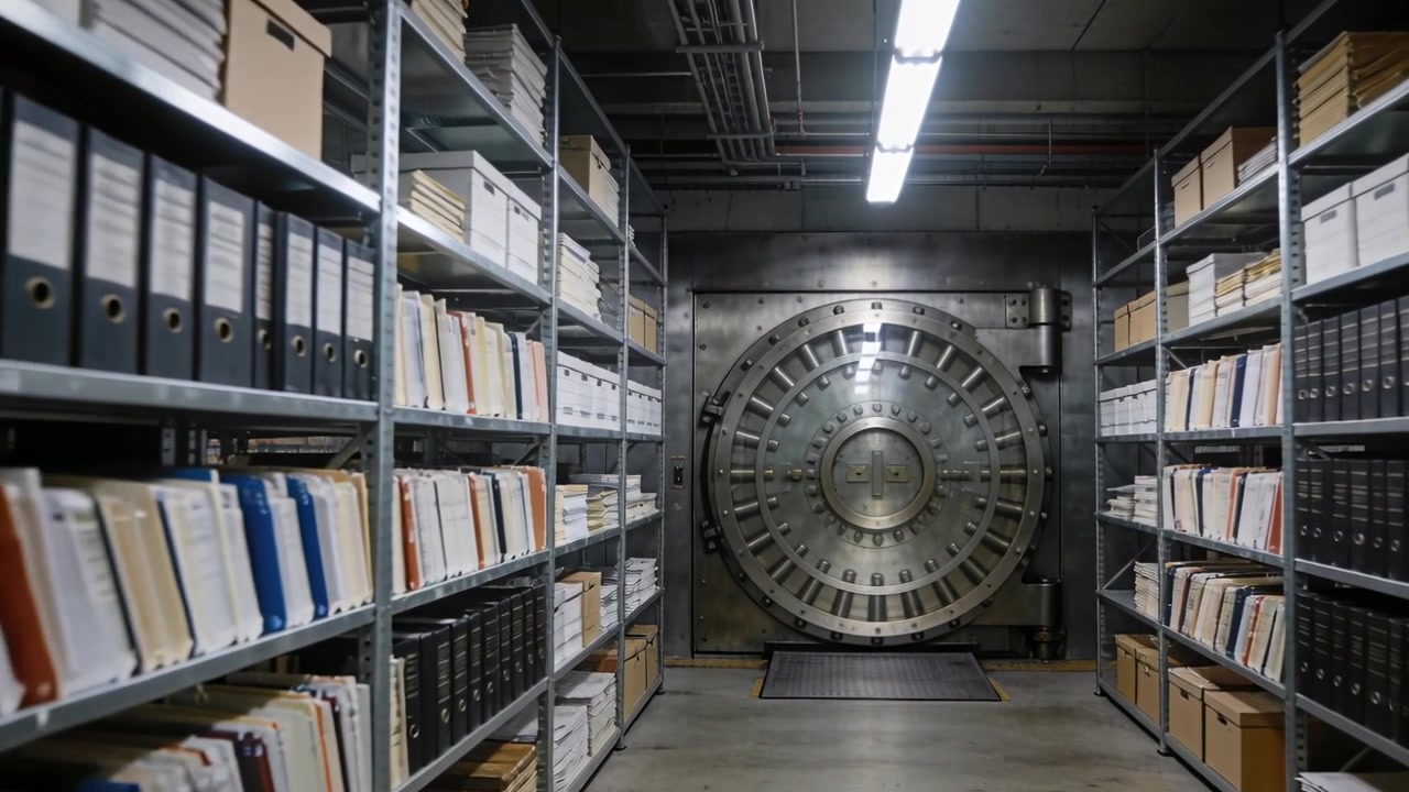 Moving camera slowly down records aisle, revealing circular steel vault door details with shelving