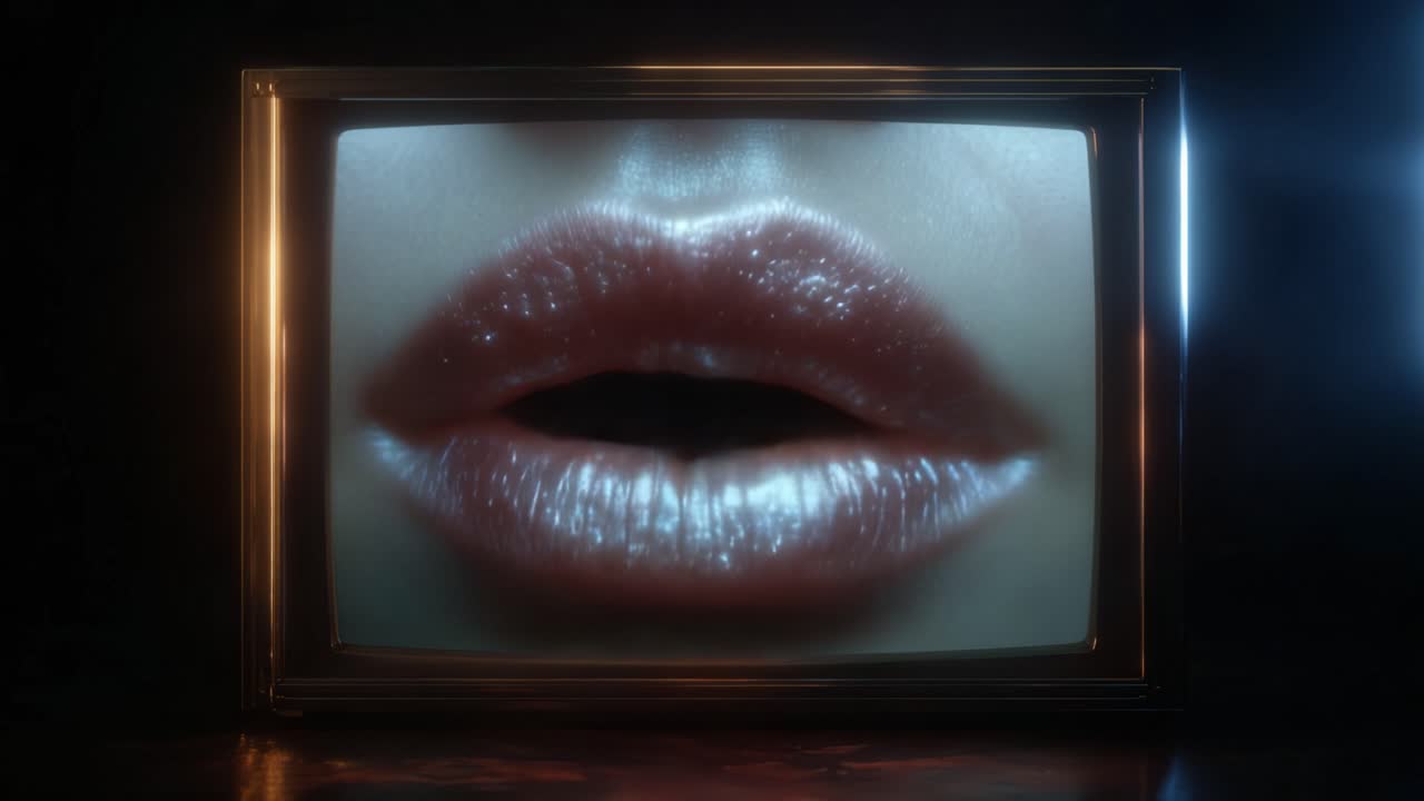 Accattivante visualizzazione di labbra lucide in una cornice di televisione retrò, che evidenzia sensualità e intrigo in un'esperienza estetica surreale e moderna