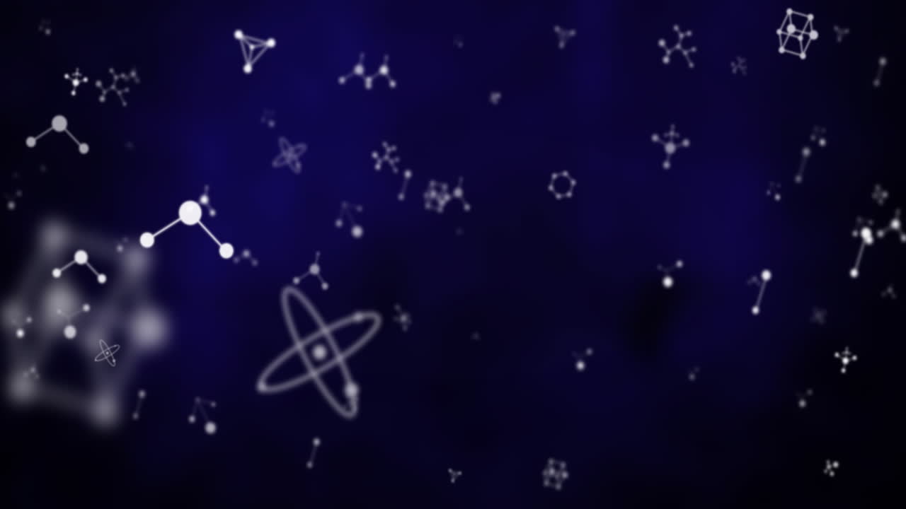 Molecular structures and atomic models animation over dark blue background
