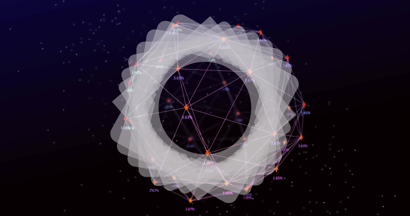 Forma geometrica astratta e un globo di icone digitali che ruotano su sfondo blu.