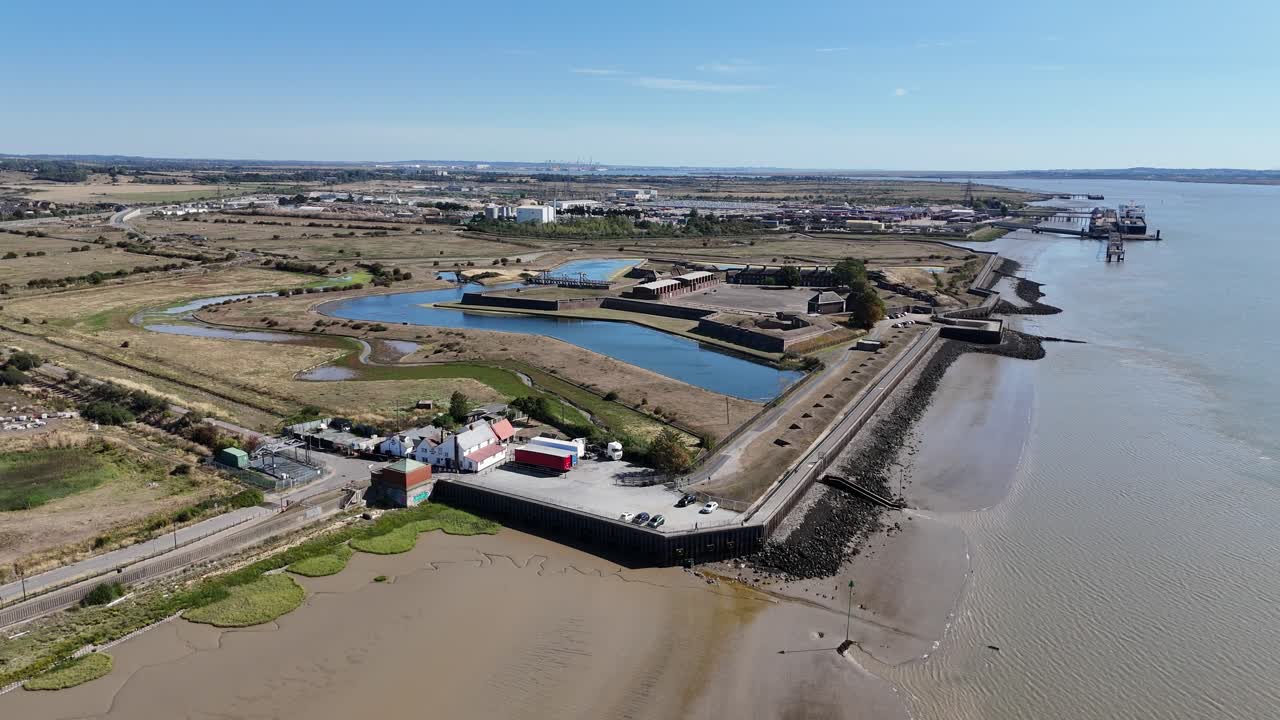 Tilbury fort Essex UK drone,aerial push in shot blue sky summer