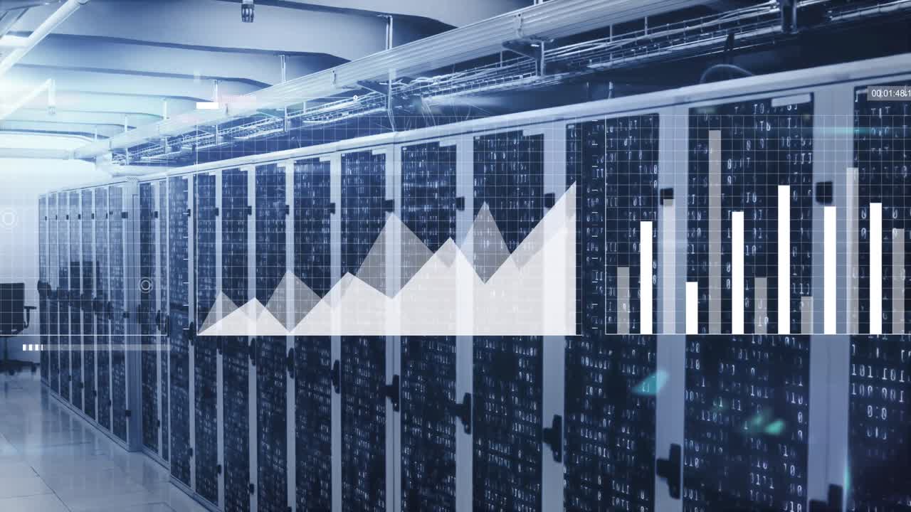 Animation of screens with statistical data processing and mosaic squares over computer server room