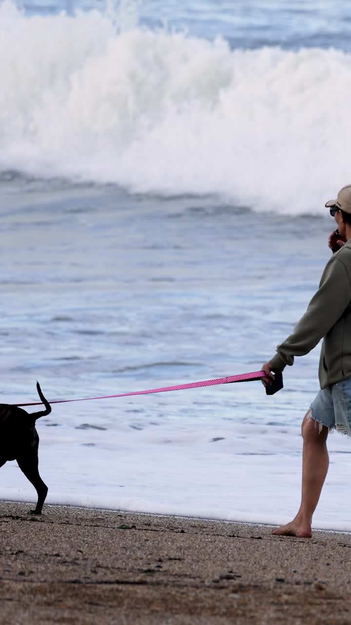 Un uomo passeggia con il suo cane su una spiaggia sabbiosa, con le onde del mare che si infrangono lì vicino. La scena è tranquilla e naturale.