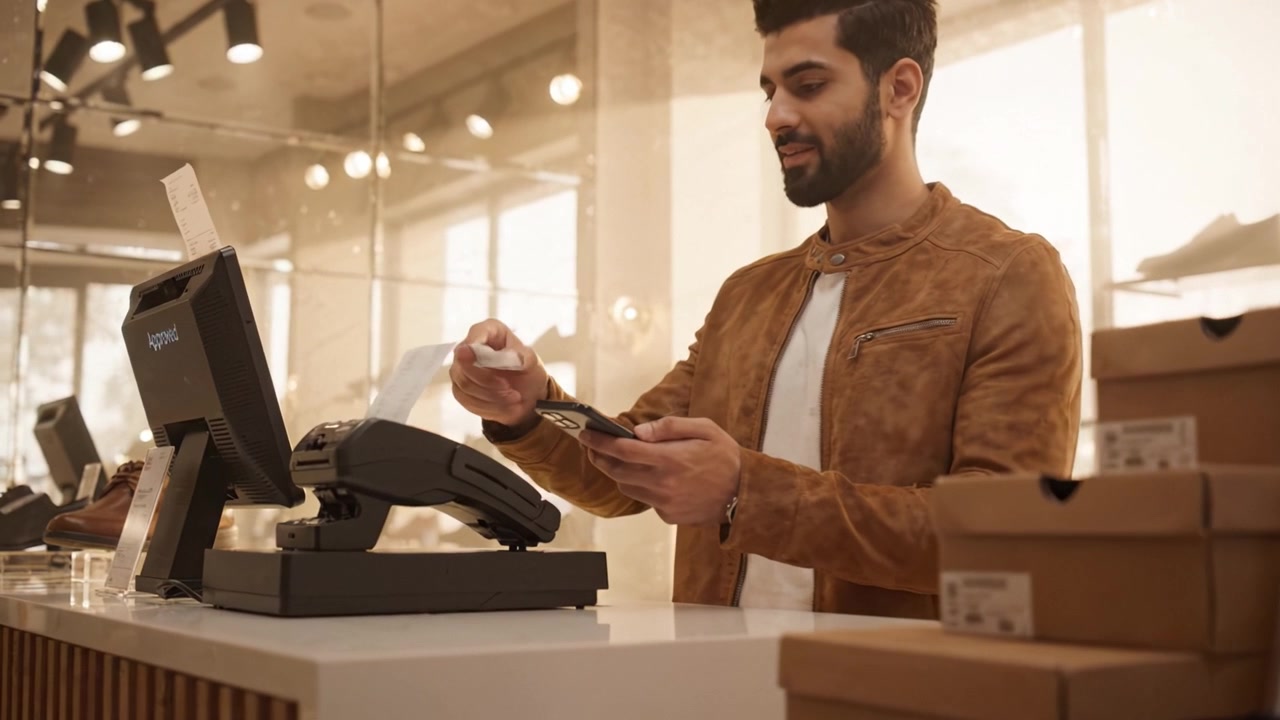 Cliente che utilizza il pagamento mobile alla cassa in un moderno negozio al dettaglio, mentre riceve una ricevuta per il suo acquisto durante un'esperienza di shopping.