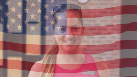 Animation-Der-Amerikanischen-Flagge-über-Der-Sportbekleidung-Einer-Kaukasischen-Frau