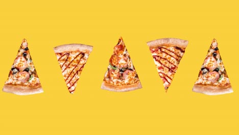 animación divertida con cinco rebanadas de pizza de pepperoni en un fondo amarillo, concepto de comida rápida para publicidad con espacio de copia