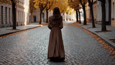 woman in a long coat walking on a cobblestone street in autumn