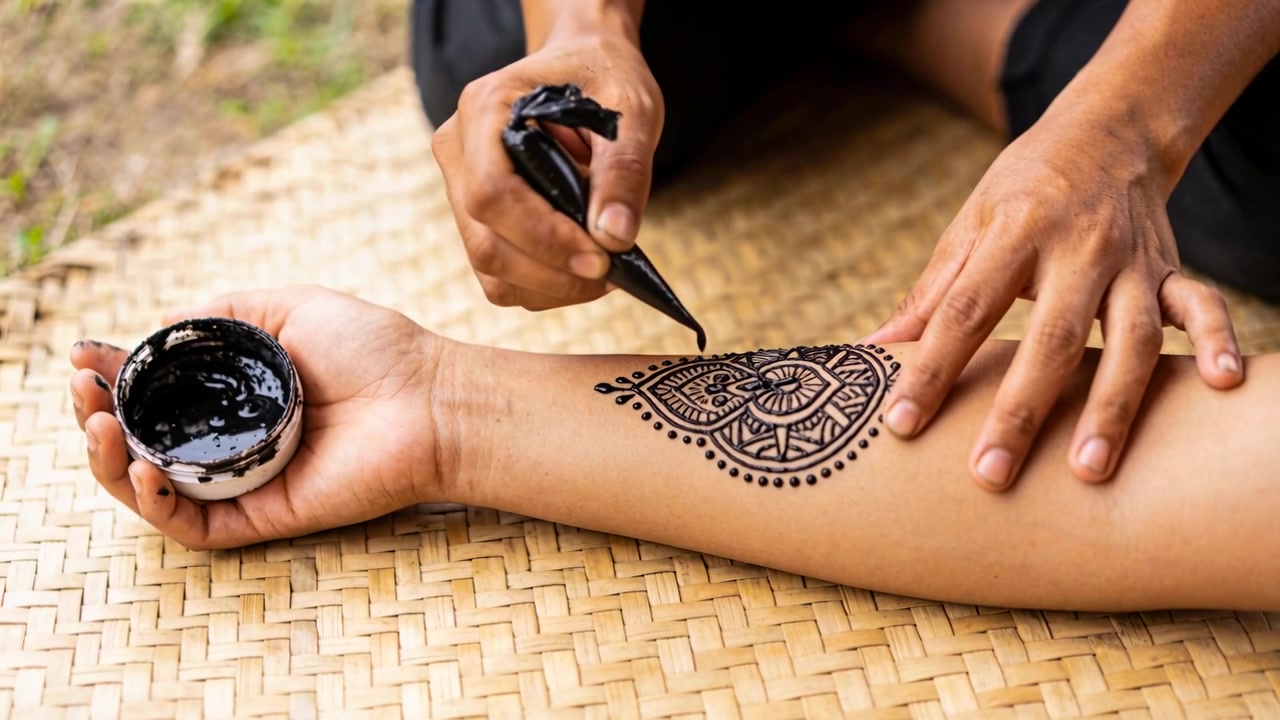 Artista di henné che, usando un cono, stringe e disegna un mandala sull'avambraccio su una stuoia di bambù, creando un disegno.