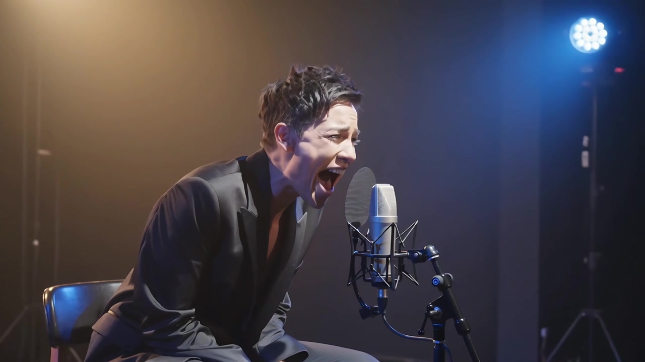 Inizio vocale, cantante asiatico sul palco in nero che si china e canta a squarciagola nel microfono, allontanandosi per respirare.