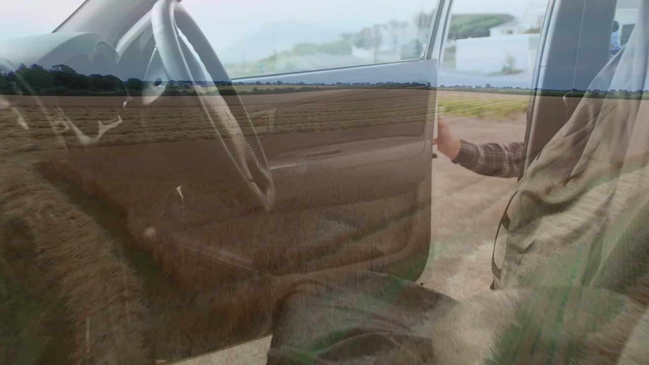 Opening car door, man in animation with rural landscape scene in background