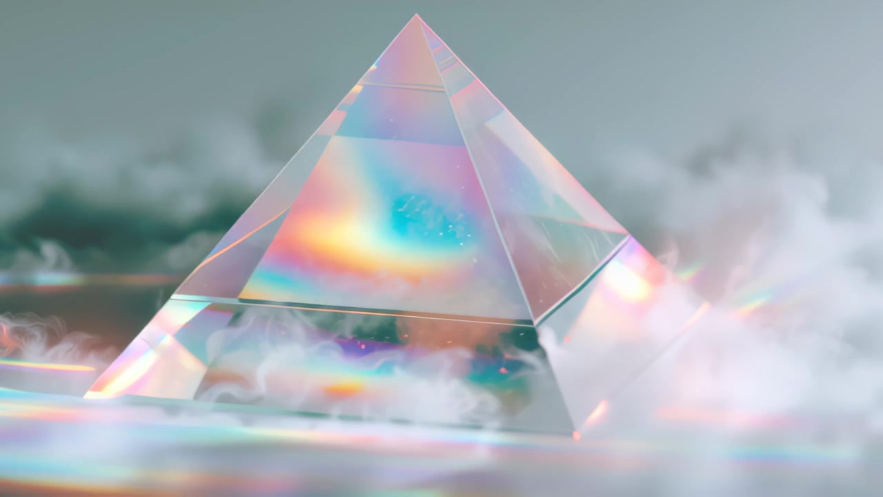Filmato in primo piano di un prisma piramidale di vetro trasparente che crea rifrazione arcobaleno e dispersione della luce in una leggera nebbia e con bokeh, sfondo astratto futuristico per il design.