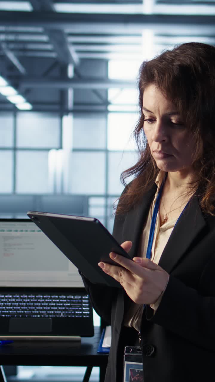 Vertical video Technician in data center using AI tech on tablet