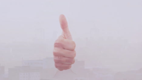 giving thumbs up, person in foggy cityscape, expressing positive animation