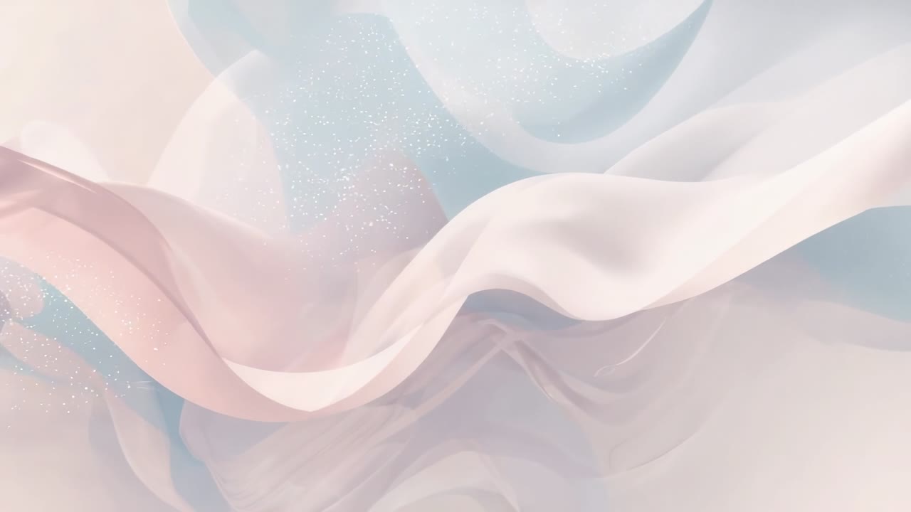 Starting loop, pink white ribbons sweeping across animation, forming calm arch with blue speckles