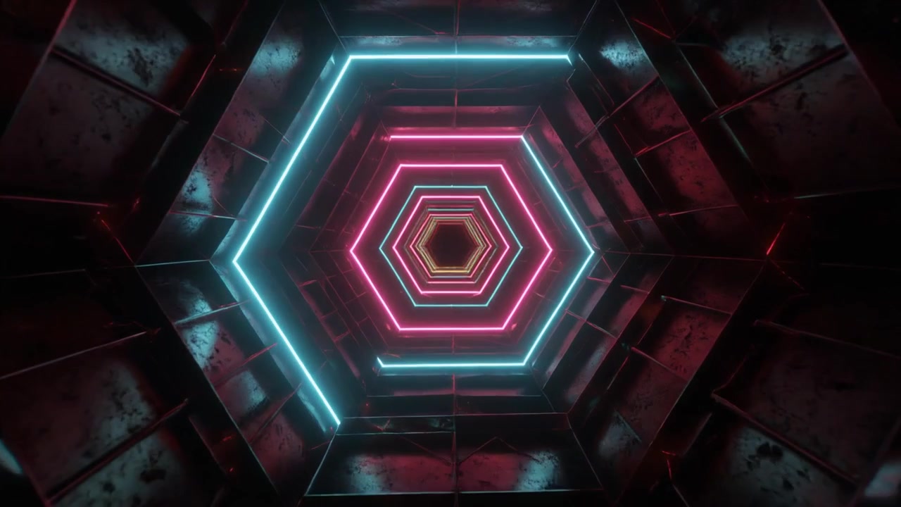 Tunnel esagonale futuristico con luci al neon brillanti