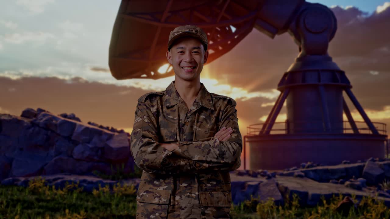 Asian Man Soldier Smiling And Crossing His Arms While Standing With Satellite Dish
