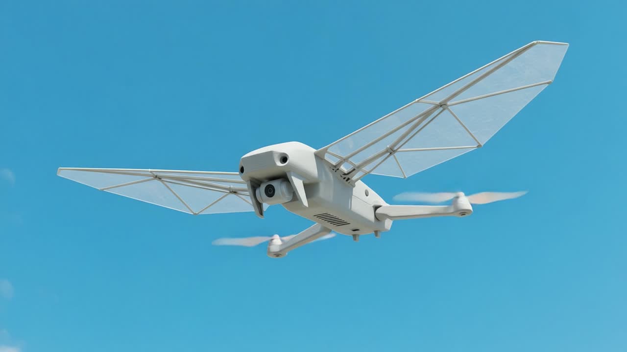 Aerial Exploration: Advanced Drone with Unique Wing Design Soars Through Clear Blue Skies, Showcasing Cutting-Edge Technology and Aerodynamics