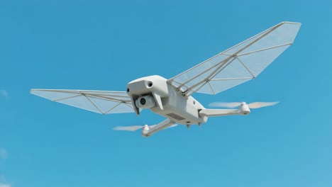 aerial exploration: advanced drone with unique wing design soars through clear blue skies, showcasing cutting-edge technology and aerodynamics