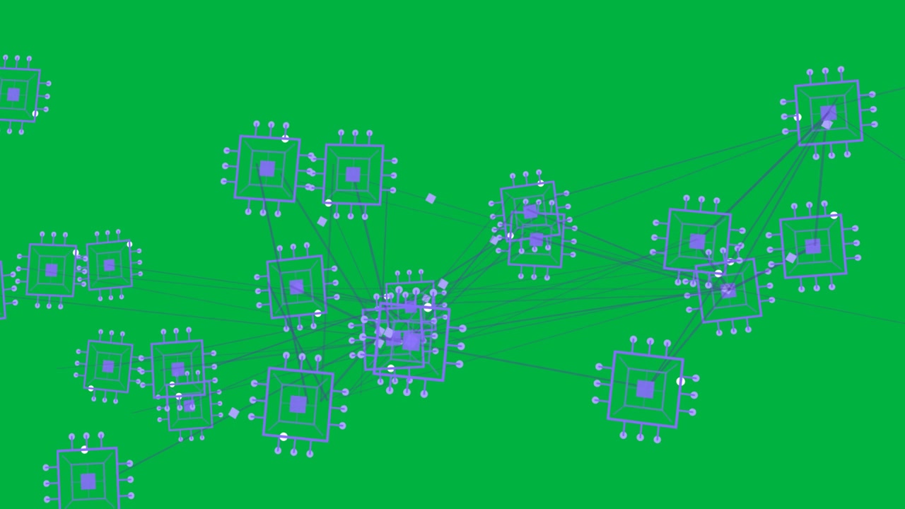 Chip icons forming hub as links appearing, forming mesh showing network on transparent background
