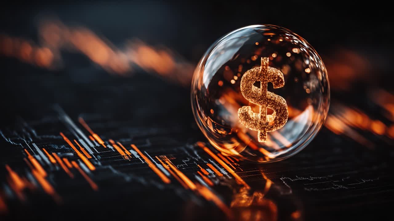 En imponerende visualisering af finansiel velstand: Et glødende dollartegn indlejret i en krystalboble, omgivet af dynamiske finansielle datamønstre