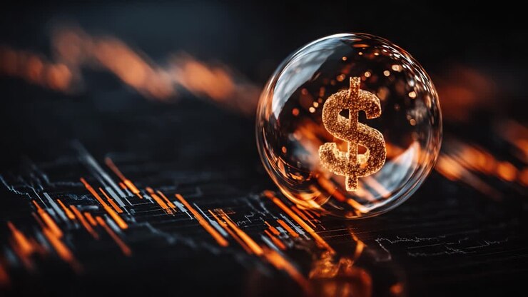 Una visualizzazione sorprendente della prosperità finanziaria: un simbolo del dollaro luminoso incorporato in una bolla di cristallo, circondato da schemi dinamici di dati finanziari.