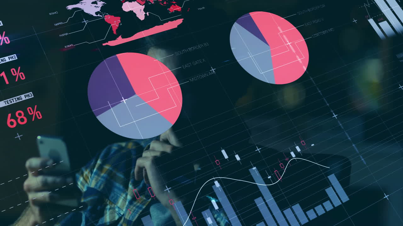 Analyzing data with graphs and charts, man focusing on animation work