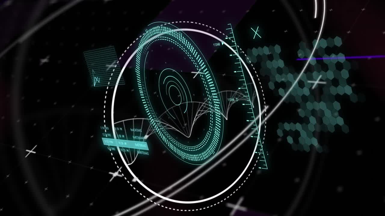 Animation of lines, graphs and loading circles over hexagon pattern against black background