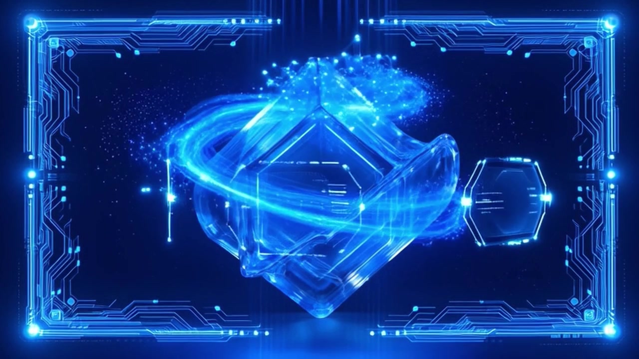 Abstract Glowing Blue Geometric Cube with Digital Data Interface