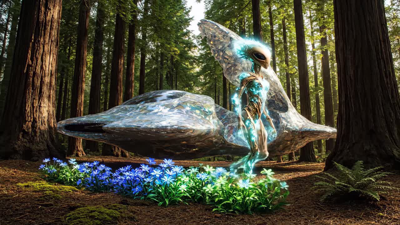 Extraterrestre y ovni en un bosque de secuoyas