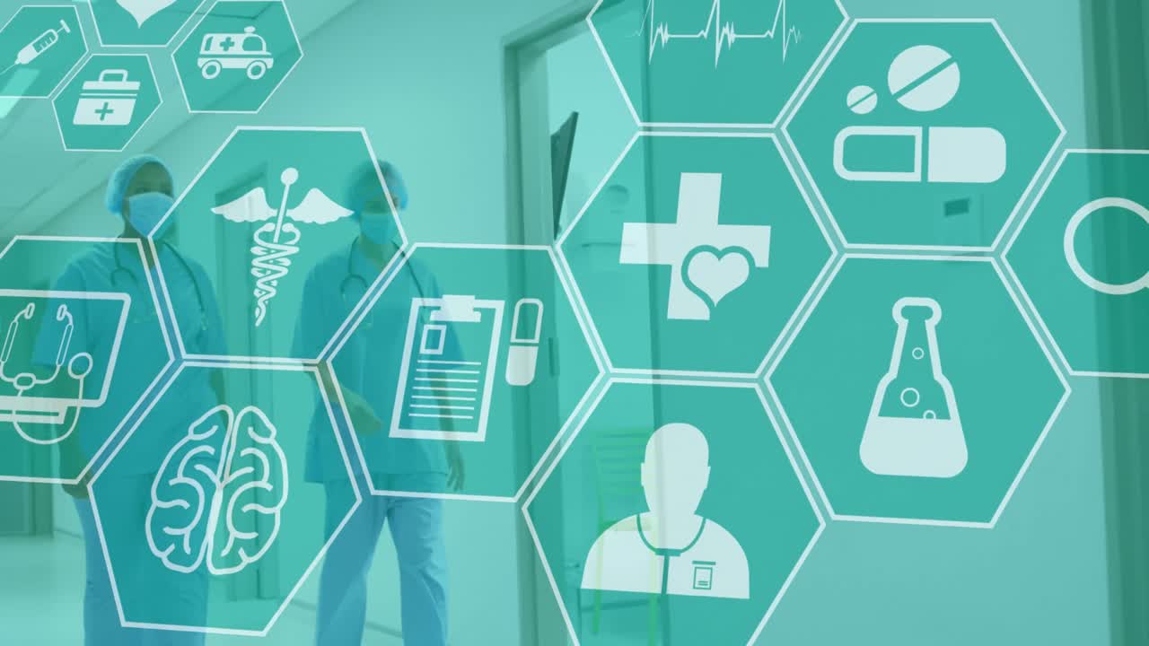 얼굴 마스크를 쓴 다양한 의사들이 걸어다니는 의학 아이콘의 애니메이션