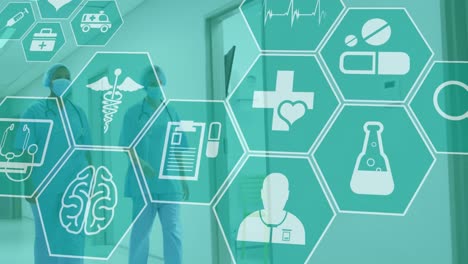animación de iconos médicos sobre diversos médicos con máscaras faciales caminando