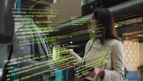 animation of financial data processing over diverse business people in office
