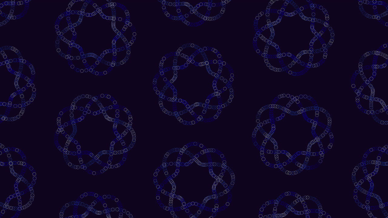 An intricate circular pattern crafted with interconnected dark blue lines composed of small dots against a black backdrop