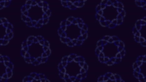 An intricate circular pattern crafted with interconnected dark blue lines composed of small dots against a black backdrop