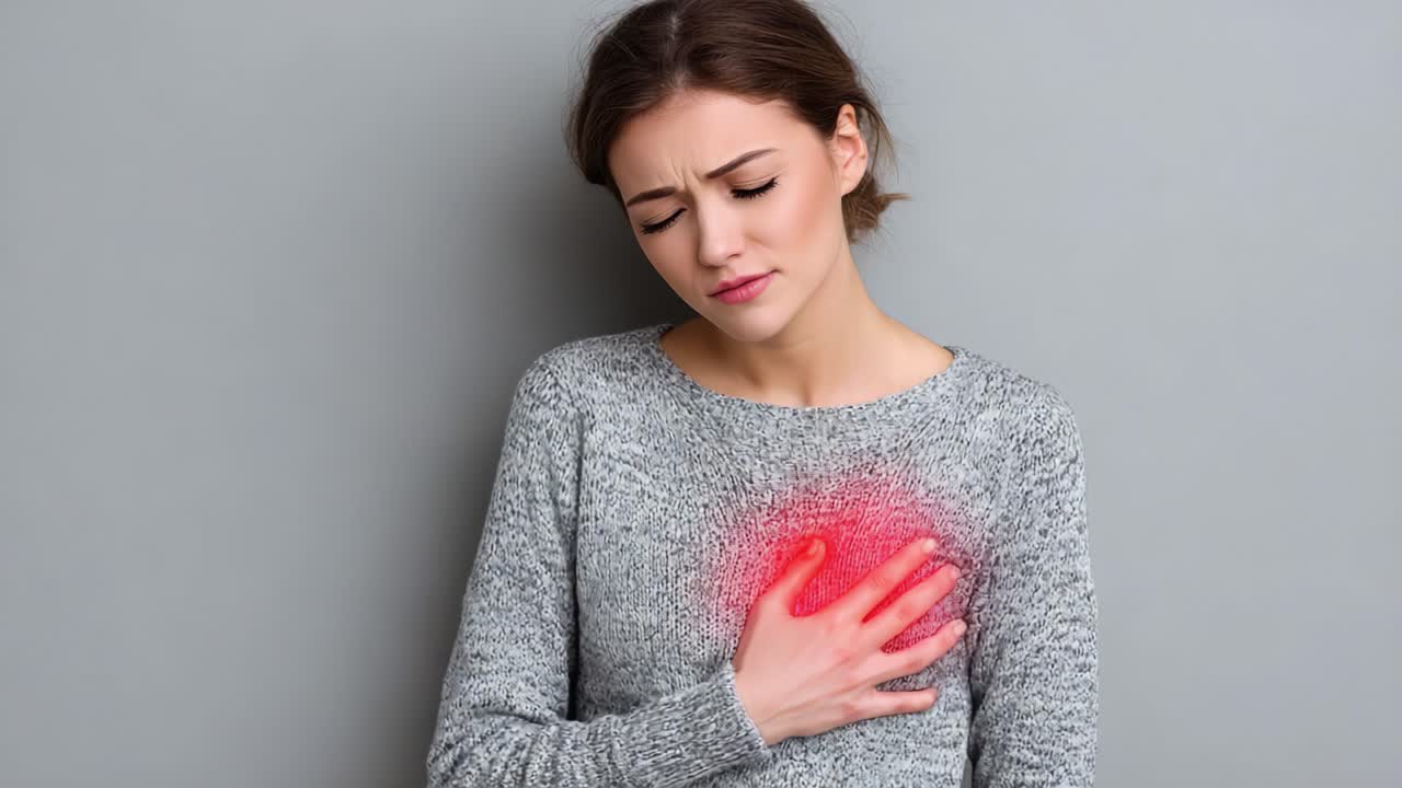 A Young Woman Experiencing Discomfort and Pain in Her Chest, Highlighting Concerns Related to Heart Health and Emotional Well-Being in a Casual Setting