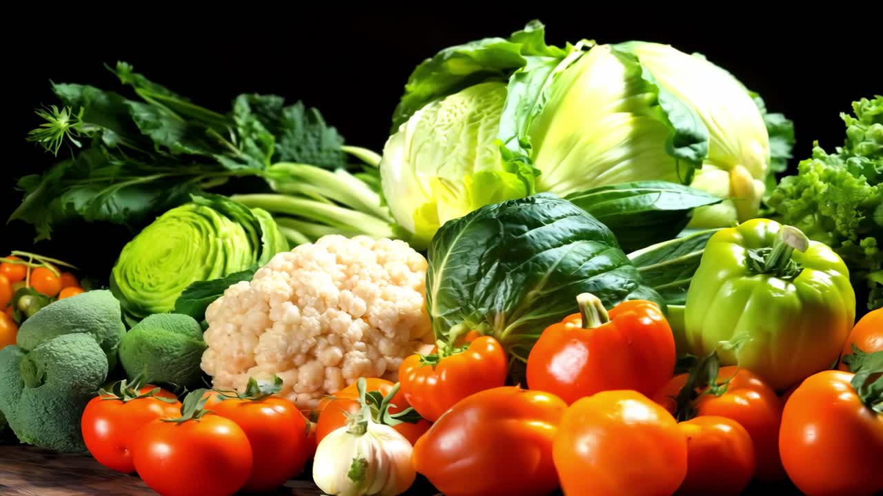 Vibrant composition showcasing diverse, fresh organic vegetablescarefully arranged, displaying colorful raw produce against dark background highlighting nutritional richness