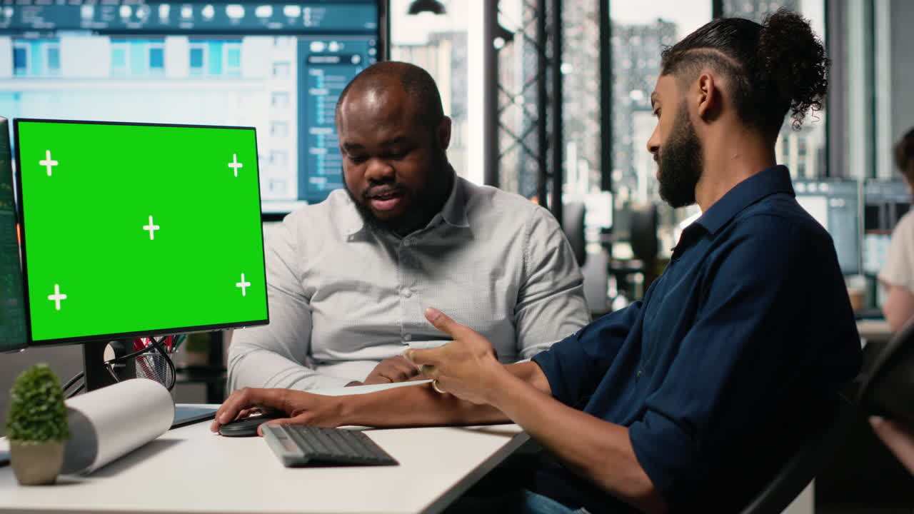 Two men working on a computer with a green screen